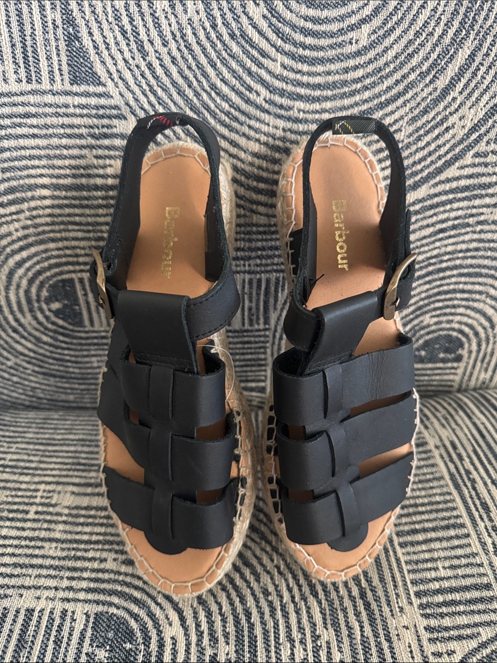 Barbour Black Leather Woven Espadrille Sandal
